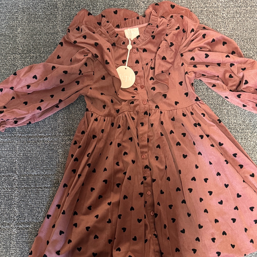 Girls Dusty Rose Heart-Print Ruffle Button-Front Dress